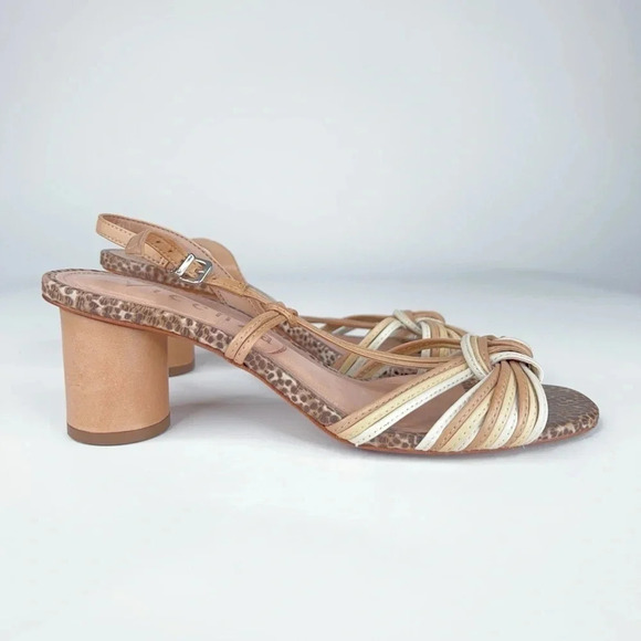 Vicenza Anthropologie Cream Neutral Slingback Heeled Sandals Leather Round Heel - Picture 3 of 14